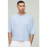 Mens Pastel Blue Oversized Boxy Cropped Waffle Button Neck T-Shirt