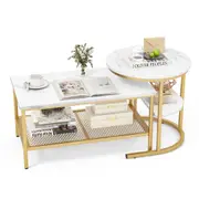 Costway 2pcs Nesting Coffee Table Metal Frame Side End Table Set Bedroom, Apartment w/Faux Marble Tabletop, Gold