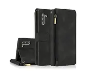 For Samsung Galaxy Note 10 Case, Leather Zipper Purse Flip Cover Case with Card Slot Holder Wrist Strap Lanyard (Black)