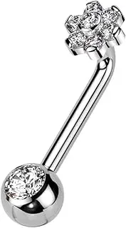 [Pierced Owl] 14GA ASTM F-136 Implant Grade Titanium Internally Threaded CZ Crystal Flower Top VCH Piercing L-Bend Barbell, Metal, cubic zirconia