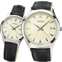 在飛比找momo購物網優惠-【SEIKO 精工】精工藍寶石石英皮帶對錶-香檳銀(SUR4