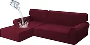 HDCAXKJ Waterproof L Shape Sectional Couch Covers Non Slip L Shaped Magic Sofa Covers Stretchy Burgundy Slipcovers Living Room Sofa Couch Protector for Kids Pet (Wine Red, 2 Seat Sofa + 2 Seat Chaise)