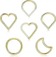 [Sanfenly] 6 Pcs Septum Rings Stainless Steel Daith Piercing Jewelry CZ Moon Heart Teardrop Seamless Hinged Clicker nose rings Lip Rook Conch Tragus Cartilage Helix Daith Piercing Jewellery
