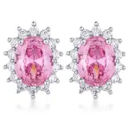 Silvertone Rhodium Plated Brass Pink Cubic Zirconia Oval Royal Earring Studs