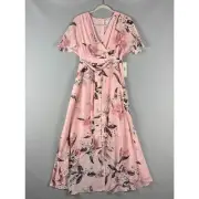 Eliza J Floral Faux Wrap Dress Womens 4 Pink High Low Romantic Flowy Fairy NWT