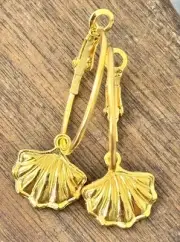 Gold Sea Shell Charm Lever Back Hoops Dangle Earrings. Beach. Ocean