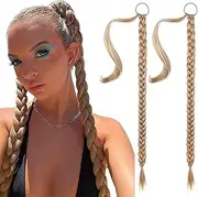 32 inch Long Braided Ponytail Extension with Hair Tie Straight Wrap Around Hair Extensions Ponytail Natural Soft Synthetic Hair Piece for Women Girls Daily Wear (Blonde)