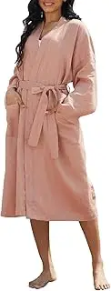 [Amazhiyu] Womens Pure Linen Mid Length Kimono Robes Lightweight Long Sleeve Bathrobe
