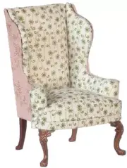 Dolls House Wing Back Armchair Green Floral JBM Walnut Living Room Furniture