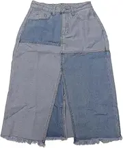[CIMUK] Women's Jean Skirt Color Block Patchwork Raw Hem Split Midi Denim Skirts Light Blue M