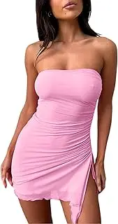 [IYICLOTH] Women's Sexy Ruched Mesh Strapless Y2k Bodycon Dress Backless Tube Side Split Mini Dresses, Pink, Small