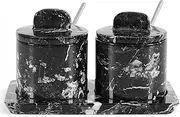 SPESHSTONES Marble Salt Cellar with Spoon and Tray 4 Inch Black Stone Countertop Spice Jars, Sugar Containers with Lid for Kitchen Storage, Seasoning Salt and Pepper Shakers Set of 2 for Home Decor