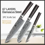 Chef Utility Santoku Knife Set 67 Layers Damascus Steel Wood Handle Hammered Cut