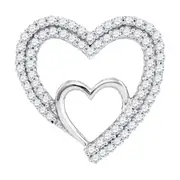 14k White Gold Round Diamond Double Nested Heart Pendant 1/2 Cttw