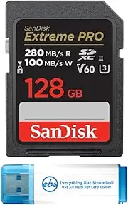 SanDisk 128GB SD Extreme Pro UHS-II Memory Card Works with Sony A7S III, ZV-E1 Mirrorless Camera (SDSDXEP-128G-GN4IN) V60 U3 Bundle with (1) Everything But Stromboli 3.0 Micro & SDXC Card Reader