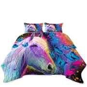 Colorful Neon Rainbow Horse and Butterflies Coverlet