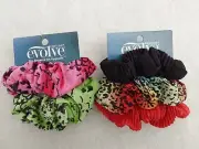 2 Pack Firstline Evolve Scrunchies Black, Red, Multi, Green & Pink Leopard 5pc