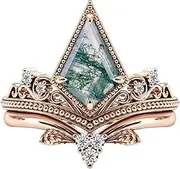 [Jelafu] Natural Moss Agate Rings for Women Kite Cut Sterling Silver Moss Agate Ring for Women Wife Girl, Optional 4 Colors (Rose/Yellow/White/Black), Ring Size 4-11