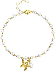 [Generic] Shell Ankle Bracelet Set for Women, 14K Gold Boho Bead Adjustable Anklet, Hawaiian Beach Seashell Pearl Heart Starfish Conch Foot Jewelry Gifts