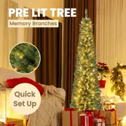 Costway 1.8M Festive Sherwood Fir Tree Pre-Lit Christmas Slim Memory Branchs Tree Xmas Pencil Tree Party Decoration Gift