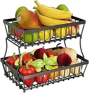 2 Tier Fruit Basket, Vegetable Bread Basket Fruit Bowl Storage Stand Detachable Countertop Metal Rectangular Wire Basket 30x18x30 cm (Black)