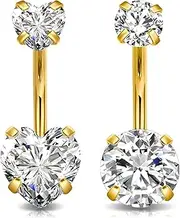 [Ormromra] 2 PCS Belly Button Bars, 14G 10mm Belly Bar, Gold Navel Bars Set, Stainless Steel Navel Piercing Jewelry, Heart Cubic Zirconia Belly Bar, Belly Button Bars for Women, One Size, Stainless