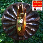 Dharmachakra Dhamma Wheel Wooden Buddha Hand Holding Golden Bell Bodhi Leaf 14"