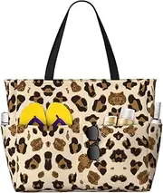 [Ghjkfbf] Animal Leopard Print Large Capacity Beach Travel Bag For Family, Beach Tote Bag For Women With Zipper Pockets, Black, One Size