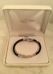 YELLORA Sterling Silver Diamond Black Leather Cord Love Bracelet New