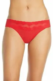 Natori BLISS PERFECTION 756092 Cherry Red Microfiber Lace Trim V-Kini Bikini O/S