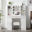 Dressing Table W/ LED Lights Mirror And Stool Vanity Table Makeup Desk 3 Drawer