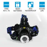 Raylight Headlamp Headlight LED Torch XM-L T6 Zoomable Rechargeable 2x 2000mAh 18650 Batteries