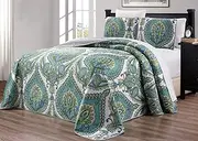 (Oversize King, Turquoise Blue, Grey, White, Sage Green) - 3-Piece Oversize (290cm X 240cm ) Fine printed Prewashed Quilt Set Reversible Bedspread Coverlet KING SIZE Bed Cover (Turquoise Blue, Grey, White, Sage Green)