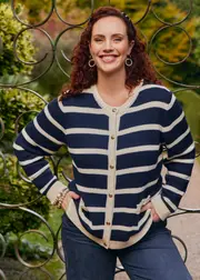 [Virtuelle] Taking Shape Cotton Buttoned Stripe Cardigan Size 16 in Navy / Coconut Milk - Plus Size Women's Clothing Navy / Coconut Milk