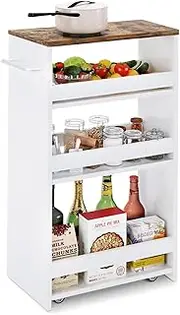 TEAMIX 4 Tier White Slim Storage Cart with Handle, 7.9''W Slide Out Storage Rolling Utility Cart Mobile Shelving Unit Organizer Trolley for Small Spaces Kitchen Laundry Narrow Places 7-7/8'' W