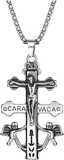 [Rofusn] Stainless Steel Religious Caravaca Double Cross Crucifix Pendant Necklace Amulet Jewelry for Men Women