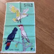Vintage Australian Cockatoos Pure Linen Hand Printed Birds Tea Towel Souvenir