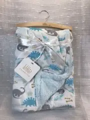Little Celebrity Dylan Dinosaur Baby Blanket Blue & White Plush/Sherpa Dino NEW