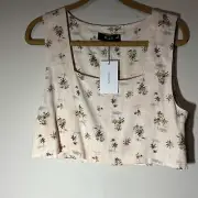 One Pretty Time Womens Beige Tropical Crop Top Large NWT Linen Rayon