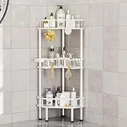 FJNATINH Corner Shower Caddy - 3 Tier Shower Organizer Corner Shelf Stainless Steel Floor Corner Shower Stand Rack for Bathroom Balcony Kitchen, Large Storage Capacity, Adjustable Legs, White