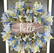 25" Hello Lemons Blue Floral Spring Summer Deco Mesh Wreath Farmhouse Cottage