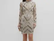 $350 Aidan by Aidan Mattox Women's Silver Sequined Crewneck Dress Size 6