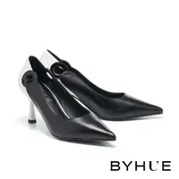 在飛比找momo購物網優惠-【BYHUE】極簡品味撞色拼接羊皮軟芯尖頭高跟鞋(黑)