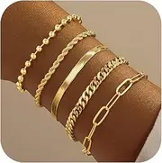 [Poxtex] Gold Bracelets for Women, 14K Real Gold Dainty 7" +2" Adjustable Multilayer Trendy Bracelets Set for Women Waterproof Inclued Beaded, Cuban, Paperclip, Snake, Rope, Figaro, Mirror, Satellite
