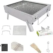 Barbecue Grill Portable, Charcoal Barbecues, with Bamboo Skewers, Iron Skewers, 304 Barbecue Nets, Food Clips, Anti-scalding Handles, Storage Bags and Disposable Gloves, for Outdoor Picnics