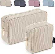 MAGEFY 2Pcs Makeup Bags, Small Corduroy Makeup Pouch Cute Makeup Bag Cosmetic Bags for Purse with Zipper Mini Make Up Bag for Women -Beige