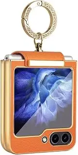 Leather Ring Phone Case for Samsung Galaxy Z Flip5 Flip4 Flip3 Flip 5 4 3 Folding Hinge Protection Holder Cover,Orange,for Galaxy Z Flip5
