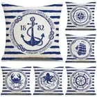 Striped Pillowcase Retro Style Couch Cushion Cover Nautical Element Compass Mast