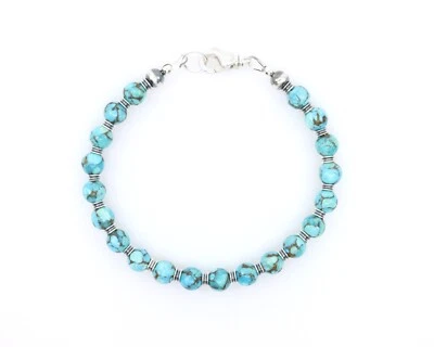 6mm Blue Sonoran Turquoise and Sterling Silver Southestern Gemstone Bracelet