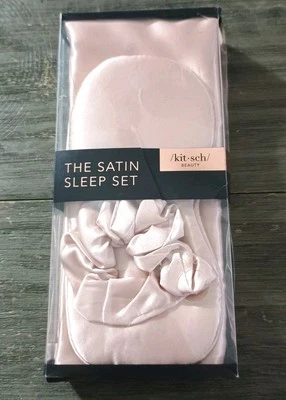 Kitsch The Satin Sleep Set Mask Pillowcase Scrunchie Blush Pink New